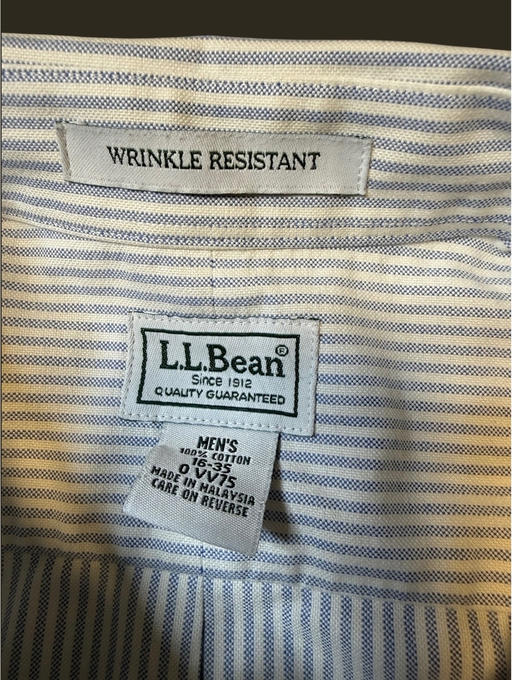 LL Bean Mens 16-35 Wrinkle Resistant Button Down Shirt Blue White Seersucker